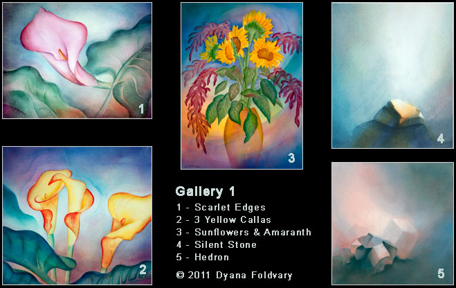 Oil Paintings - Gallery 1, Scarlet Edges, Yellow Callas, Sunflowers & Amaranth, Silent Stone, & Hedron. © 2011 Dyana Foldvary